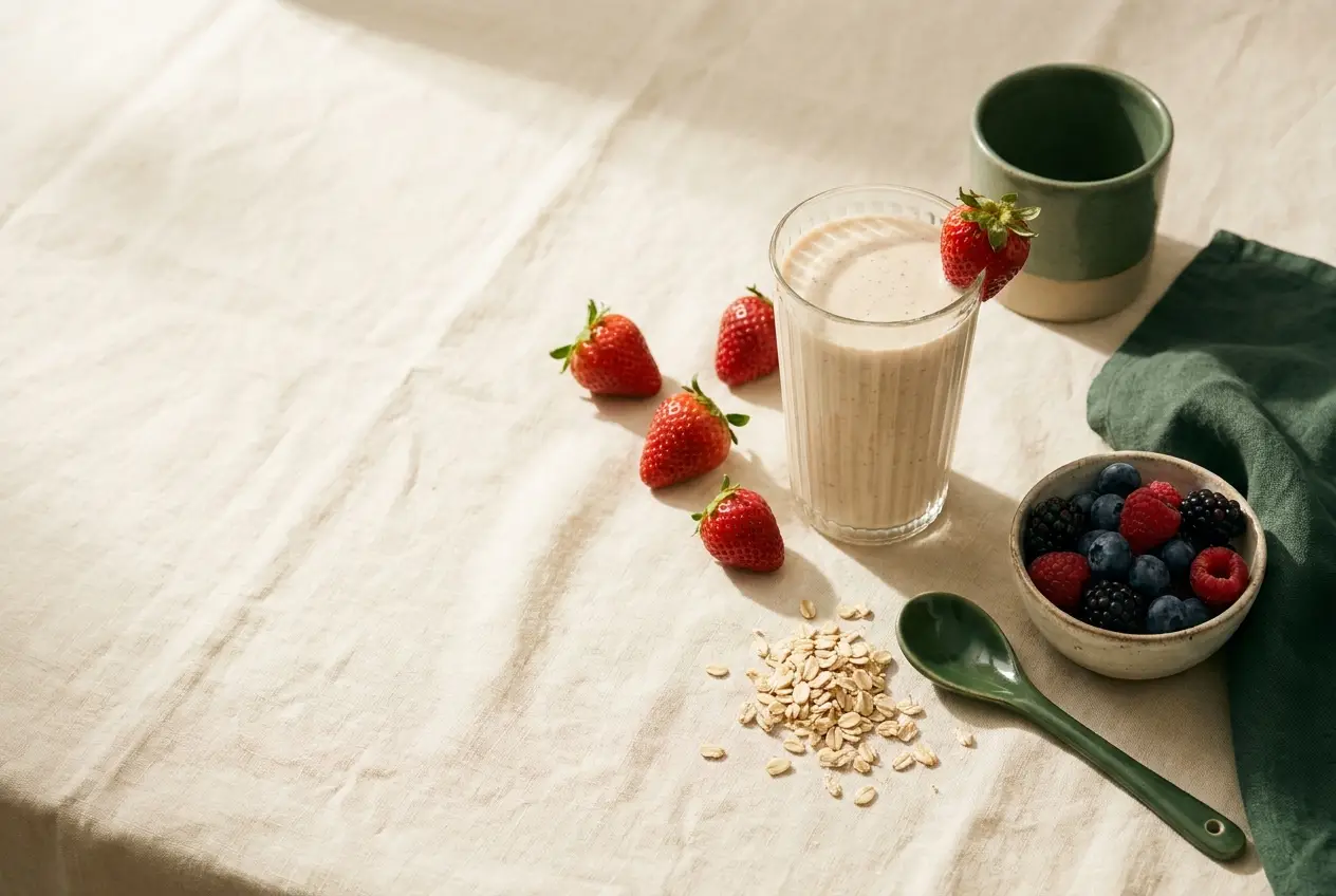 Çilekli protein shake — editoryal natürmort